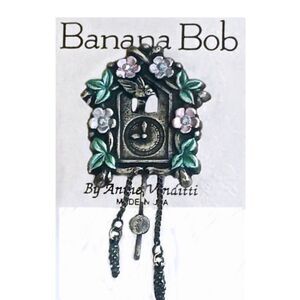 VTG BANANA BOB CUCKOO CLOCK W CHARMS SILVER ENAMEL